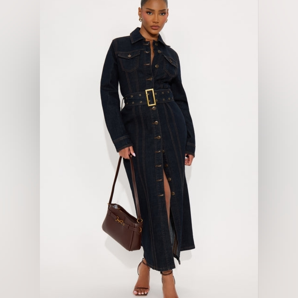 Fashion Nova Brooke Belted Denim Jacket Trench Coat Dark Wash Bnwt